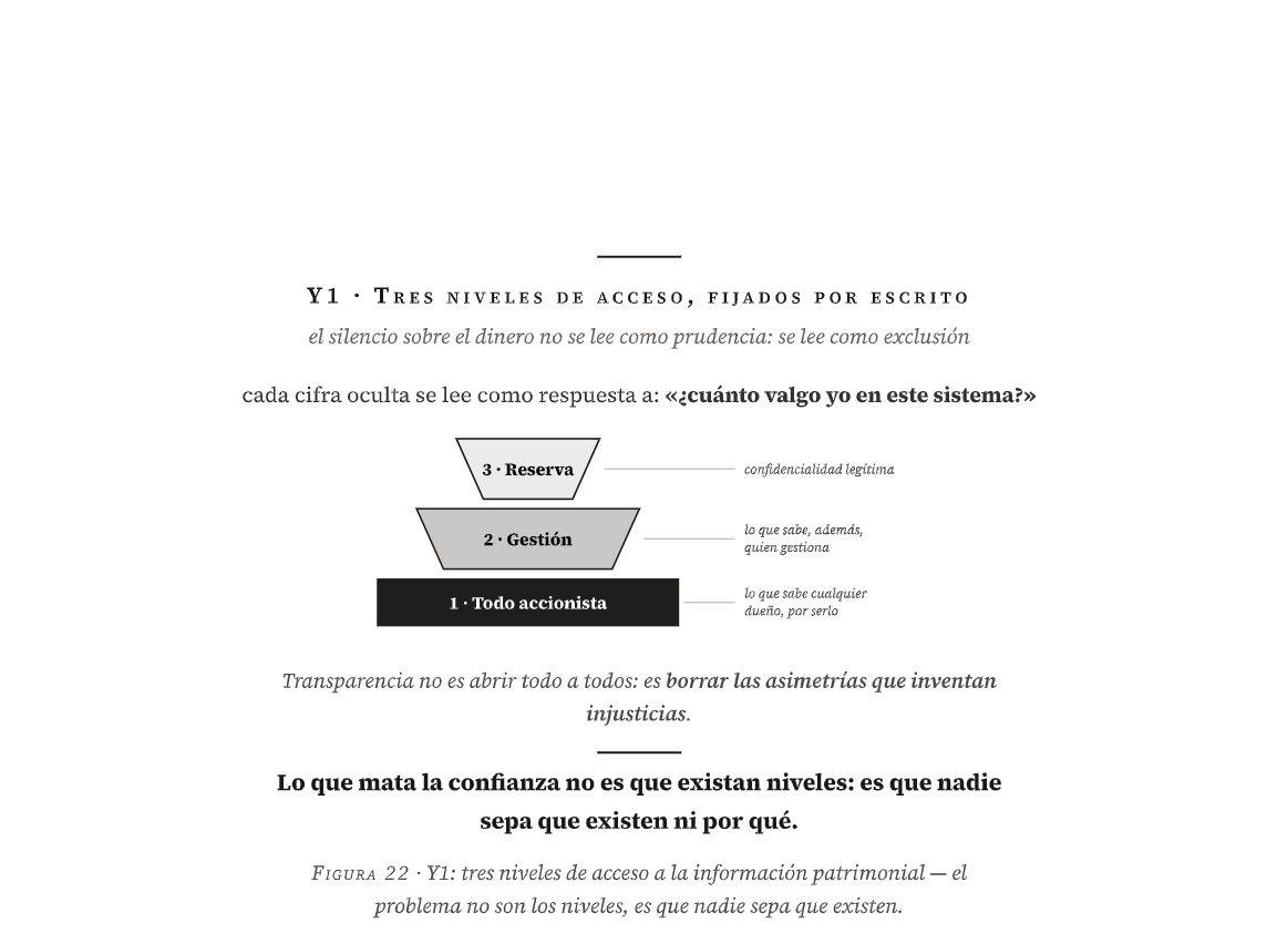 Figura 22 del libro · Y1: tres niveles de acceso a la información patrimonial — el problema no son los niveles, es que nadie sepa que existen.